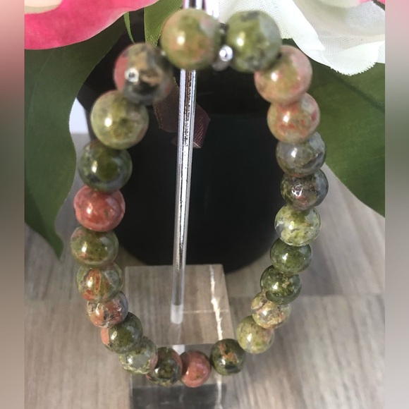 Unakite Natural Stone Beads Stretchable Bracelet 7" - 8mm Beads - Picture 1 of 2